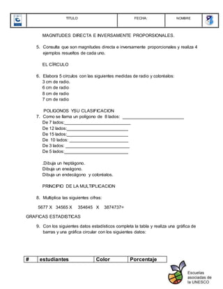 TITULO FECHA: NOMBRE
MAGNITUDES DIRECTA E INVERSAMENTE PROPORSIONALES.
5. Consulta que son magnitudes directa e inversamente proporcionales y realiza 4
ejemplos resueltos de cada uno.
EL CÍRCULO
6. Elabora 5 círculos con las siguientes medidas de radio y coloréalos:
3 cm de radio.
6 cm de radio
8 cm de radio
7 cm de radio
POLIGONOS YSU CLASIFICACION
7. Como se llama un polígono de 8 lados: _________________________
De 7 lados:___________________________
De 12 lados:_________________________
De 15 lados:_________________________
De 10 lados: ________________________
De 3 lados: __________________________
De 5 lados:__________________________
.Dibuja un heptágono.
Dibuja un eneágono.
Dibuja un endecágono y coloréalos.
PRINCIPIO DE LA MULTIPLICACION
8. Multiplica las siguientes cifras:
5677 X 34565 X 354645 X 3874737=
GRAFICAS ESTADISTICAS
9. Con los siguientes datos estadísticos completa la tabla y realiza una gráfica de
barras y una gráfica circular con los siguientes datos:
# estudiantes Color Porcentaje
 