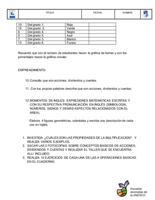 TITULO FECHA: NOMBRE
10 Del grado 1. Rojo
15 Del grado 2. Verde
8 Del grado 4. Negro
5 Del grado 5. Azul
7 Del grado 3. Blanco
13 Del grado 6. Fucsia
Recuerda que con el número de estudiantes hacen la gráfica de barras y con los
porcentajes haces la gráfica circular.
EMPRENDIMIENTO:
10.Consulta que son acciones, dividendos y cuentas.
11. Con tus propias palabras describe que son acciones, dividendos y cuentas.
12.MOMENTOS DE INGLES: EXPRESIONES MATEMÁTICAS ESCRITAS Y
CON SU RESPECTIVA PRONUNCIACIÓN EN INGLÉS (SIMBOLOGÍA,
NÚMEROS, SIGNOS Y DEMÁS ASPECTOS RELACIONADOS CON EL
ÁREA).
Elabora 4 figuras geométricas, coloréalas y escribe una descripción de cada
una en inglés.
1. INVESTIGA ¿CUÁLES SON LAS PROPIEDADES DE LA MULTIPLICACION? Y
REALIZA VARIOS EJEMPLOS.
2. SACAR LAS 3 FOTOCOPIAS SOBRE CONCEPTOS BASICOS DE ACCIONES,
DIVIDENDOS Y CUENTAS Y REALIZAR EL TALLER QUE SE ENCUENTRA
ALLI INCLUIDO.
3. REALIZA 10 EJERCICIOS DE CADA UNA DE LAS 4 OPERACIONES BASICAS
EN EL CUADERNO.
 