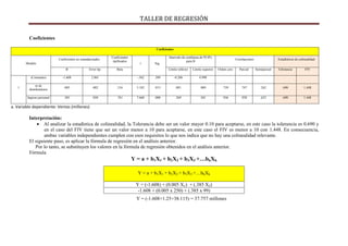 TALLER DE REGRESIÓN
Coeficientes
Interpretación:
 Al analizar la estadística de colinealidad, la Tolerancia debe ser un valor mayor 0.10 para aceptarse, en este caso la tolerancia es 0.690 y
en el caso del FIV tiene que ser un valor menor a 10 para aceptarse, en este caso el FIV es menor a 10 con 1.448. En consecuencia,
ambas variables independientes cumplen con esos requisitos lo que nos indica que no hay una colinealidad relevante.
El siguiente paso, es aplicar la fórmula de regresión en el análisis anterior.
Por lo tanto, se substituyen los valores en la fórmula de regresión obtenidos en el análisis anterior.
Fórmula
Y = a + b1X1 + b2X2 + b3X3 +…bkXk
Y = (-1.608+1.25+38.115) = 37.757 millones
Coeficientes
Modelo
Coeficientes no estandarizados
Coeficientes
tipificados
t Sig.
Intervalo de confianza de 95.0%
para B
Correlaciones Estadísticos de colinealidad
B Error típ. Beta Límite inferior Límite superior Orden cero Parcial Semiparcial Tolerancia FIV
1
(Constante) -1.608 2.861 -.562 .589 -8.206 4.990
m de
distribuidores
.005 .002 .316 3.182 .013 .001 .009 .739 .747 .262 .690 1.448
Ingreso personal .385 .050 .761 7.668 .000 .269 .501 .936 .938 .632 .690 1.448
a. Variable dependiente: Ventas (millones)
Y = a + b1X1 + b2X2 + b3X3 +…bkXk
Y = (-1.608) + (0.005 X1) + (.385 X2)
-1.608 + (0.005 x 250) + (.385 x 99)
 