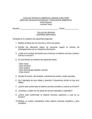 COLEGIO TÉCNICO COMERCIAL MANUELA BELTRÁN
        AREA DE CIENCIAS NATURALES Y EDUCACION AMBIENTAL
                           Grado Noveno
                           Jornada Tarde

Nombre: ______________________________________ Fecha: _____________

                              TALLER DE REPASO
                             (SISTEMA NERVIOSO)

Contesta en el cuaderno las siguientes preguntas

   1. Realiza el dibujo de una neurona y ubica sus partes.

   2. Escribe las diferentes clases de neuronas (según el número de
      prolongaciones) con su respectiva descripción.

   3. ¿Cuál es el nombre del líquido que circula por el sistema nervioso central y
      cuál es su función?

   4. En que lóbulos se localizan las siguientes áreas:

      - Área visual
      - Área sensitiva
      - Área auditiva
      - Área del lenguaje hablado y escrito
      - Área motora

   5. Escribe la función, del cerebelo, protuberancia anular y bulbo raquídeo.

   6. Da 3 ejemplos de arco reflejo y describe 3 situaciones donde no hay arco
      reflejo.

   7. ¿Cómo está conformado el sistema nervioso somático y cuál es su función?

   8. ¿Cuántos y cuáles son los pares de nervios raquídeos o espinales?

   9. ¿Cómo está conformado el sistema nervioso autónomo y cuál es su
      función?

   10. Realiza un cuadro comparativo entre sistema nervioso simpático y para
       simpático.
 