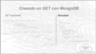Conectando node con MongoDB
Es una base de datos opensource noSQL orientada a documento. Sus principales
características son las siguientes:
- Orientada a documento. La información se organiza como colecciones de
documentos json.
- Los documentos están en formato BSON
- Permite indexar por cualquier campo
- Permite alta disponibilidad y replicación de la información
- Auto - sharding. Permite escalamiento horizontal.
- Map Reduce
- Permite realizar queries basadas en documentos
Conectando a la BBDD
Implementación
 