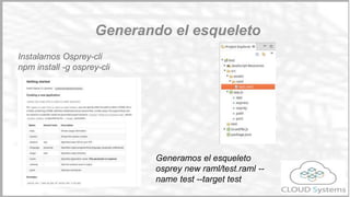 raml http://raml.org/ url dónde se encuentra toda la
documentación de RAML
api designer http://api-
portal.anypoint.mulesof
t.com/raml/api-designer
url del api designer
c9.io https://c9.io/ Entorno para desarrollo
test.raml http://api-
portal.anypoint.mulesof
t.com/cloudsystems/api
/notifly/test.raml
raml de partida
Recursos
Implementación
 