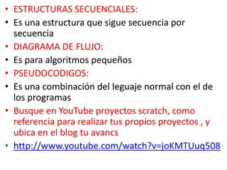 • ESTRUCTURAS SECUENCIALES:
• Es una estructura que sigue secuencia por
secuencia
• DIAGRAMA DE FLUJO:
• Es para algoritmos pequeños
• PSEUDOCODIGOS:
• Es una combinación del leguaje normal con el de
los programas
• Busque en YouTube proyectos scratch, como
referencia para realizar tus propios proyectos , y
ubica en el blog tu avancs
• http://www.youtube.com/watch?v=joKMTUuq508
 
