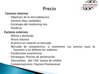 PrecioFactores InternosObjetivos de la mercadotecniaGenerar altas utilidadesEstrategia del marketing mixPonderarFactores externosOferta y demandaPrecio elásticoEl precio en relación al mercadoMercado de competencia: si mantienen sus precios pues lo hacemos o en defecto los subimosCondiciones económicasEstrategias: Precios de penetraciónDescuentos:  Del 10%, tarjeta de crédito Compensaciones: Fijacion Promocional