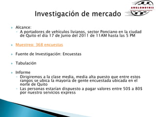 Investigación de mercadoAlcance: A portadores de vehículos livianos, sector Ponciano en la ciudad de Quito el día 17 de Junio del 2011 de 11AM hasta las 5 PMMuestreo: 368 encuestasFuente de Investigación: EncuestasTabulaciónInformeDirigiremos a la clase media, media alta puesto que entre estos rangos se ubica la mayoría de gente encuestada ubicada en el norte de QuitoLas personas estarían dispuesto a pagar valores entre 50$ a 80$ por nuestro servicios express