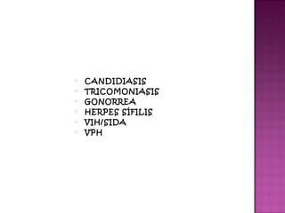 CANDIDIASIS TRICOMONIASIS GONORREA HERPES SÍFILIS VIH/SIDA VPH 