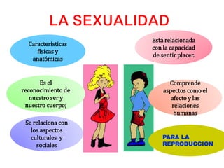 Es el
reconocimiento de
nuestro ser y
nuestro cuerpo;
PARA LA
REPRODUCCION
Se relaciona con
los aspectos
culturales y
sociales
Está relacionada
con la capacidad
de sentir placer.
Comprende
aspectos como el
afecto y las
relaciones
humanas
Características
físicas y
anatómicas
 