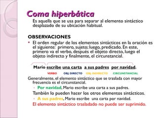 Coma hiperbática Es aquella que se usa para separar al elemento sintáctico desplazado de su ubicación habitual. OBSERVACIONES El orden regular de los elementos sintácticos en la oración es el siguiente:  primero, sujeto; luego, predicado. En este, primero va el verbo, después el objeto directo, luego el objeto indirecto y finalmente, el circunstancial. Mario  escribe   una carta   a sus padres   por navidad .   VERBO  OBJ. DIRECTO  OBJ. INDIRECTO  CIRCUNSTANCIAL Generalmente, el elemento sintáctico que se traslada con mayor frecuencia es el circunstancial. Por navidad , Mario escribe una carta a sus padres. También lo pueden hacer los otros elementos sintácticos. A sus padres , Mario escribe  una carta por navidad. El elemento sintáctico trasladado no puede ser suprimido. 