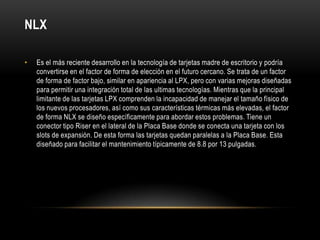 NLXEs el más reciente desarrollo en la tecnología de tarjetas madre de escritorio y podría convertirse en el factor de forma de elección en el futuro cercano. Se trata de un factor de forma de factor bajo, similar en apariencia al LPX, pero con varias mejoras diseñadas para permitir una integración total de las ultimas tecnologías. Mientras que la principal limitante de las tarjetas LPX comprenden la incapacidad de manejar el tamaño físico de los nuevos procesadores, así como sus características térmicas más elevadas, el factor de forma NLX se diseño específicamente para abordar estos problemas. Tiene un conector tipo Riser en el lateral de la Placa Base donde se conecta una tarjeta con los slots de expansión. De esta forma las tarjetas quedan paralelas a la Placa Base. Esta diseñado para facilitar el mantenimiento típicamente de 8.8 por 13 pulgadas.