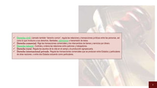 9
9
 Derecho civil. Llamado también “derecho común”, regula las relaciones y transacciones jurídicas entre las personas, así
como lo que involucre a sus derechos, libertades, patrimonios o transmisión de éstos.
 Derecho comercial. Rige las transacciones comerciales y los intercambios de bienes y servicios por dinero.
 Derecho laboral. Controla y ordena las relaciones entre patrones y trabajadores.
 Derecho rural. Regula los asuntos de la vida en el campo y la producción agropecuaria.
 Derecho internacional privado. Regula las transacciones comerciales que se producen entre Estados y particulares
de otras naciones, o entre dos Estados actuando como particulares.
 