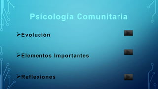 Psicología Comunitaria
Evolución
Elementos Importantes
Reflexiones
 