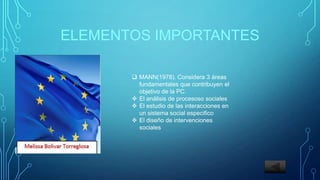 ELEMENTOS IMPORTANTES
MANN(1978). Considera 3 áreas
fundamentales que contribuyen el
objetivo de la PC.
El análisis de procesoso sociales
El estudio de las interacciones en
un sistema social especifico
El diseño de intervenciones
sociales