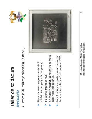 Taller de soldadura
Introducción
• Proceso de montaje superficial (esténcil)




   Placa de acero regularmente de 5
   milésimas de pulgada de grosor.
   Se coloca sobre el PCB.
   Se esparce soldadura de pasta sobre la
   superficie del esténcil.
   La soldadura de pasta cae a través de
   las aperturas del esténcil sobre el PCB.




                          M.I. Juan Manuel Mejía Camacho       6
                         Ingeniería en Procesos Industriales
 