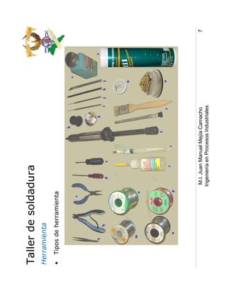 Taller de soldadura
Herramienta
•   Tipos de herramienta




                            M.I. Juan Manuel Mejía Camacho       7
                           Ingeniería en Procesos Industriales
 