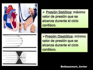  Presión Sistólica: máximo
valor de presión que se
alcanza durante el ciclo
cardíaco.
Presión Diastólica: mínimo
valor de presión que se
alcanza durante el ciclo
cardíaco.
Bethancourt, Javier
 