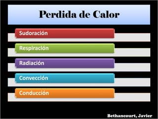 Perdida de Calor
Sudoración
Respiración
Radiación
Convección
Conducción
Bethancourt, Javier
 