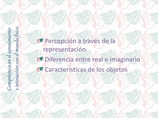 Competenciaenelconocimiento
einteracciónconelmundofísico
Percepción a través de la
representación
Diferencia entre real e imaginario
Características de los objetos
 