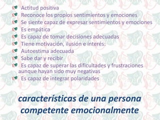 Actitud positiva
Reconoce los propios sentimientos y emociones
Se siente capaz de expresar sentimientos y emociones
Es empática
Es capaz de tomar decisiones adecuadas
Tiene motivación, ilusión e interés:
Autoestima adecuada
Sabe dar y recibir
Es capaz de superar las dificultades y frustraciones
aunque hayan sido muy negativas
Es capaz de integrar polaridades
características de una persona
competente emocionalmente
 