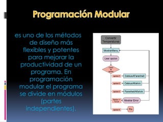 es uno de los métodos
       de diseño más
   flexibles y potentes
      para mejorar la
  productividad de un
       programa. En
       programación
 modular el programa
 se divide en módulos
          (partes
     independientes).
 