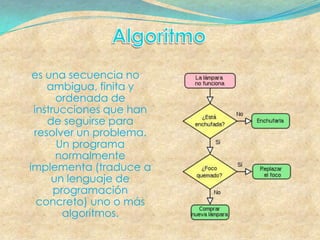 es una secuencia no
    ambigua, finita y
      ordenada de
 instrucciones que han
    de seguirse para
 resolver un problema.
      Un programa
      normalmente
implementa (traduce a
     un lenguaje de
      programación
  concreto) uno o más
        algoritmos.
 