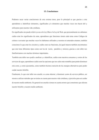 25
13. Conclusiones
Podemos sacar varias conclusiones de esta extensa tarea, pero lo principal es que gracias a esta
aprendimos a identificar elementos, significados y/o elementos que muchas veces nos hacen útil y
utilizamos para nuestra vida cotidiana.
En significados me puedo referir ya sea a la Ley Ohm o la Ley de Watt, que personalmente no sabíamos
cuáles eran los significados de estas, aprendimos que funciones tienen cada tema como Códigos de
colores o un taster que muchas veces los habíamos utilizados y nosotros ni enterados estamos, también
conocimos lo que eran los circuitos y cuáles eran sus funciones, de igual manera también encontramos
que este tiene diferentes tipos como son los de (serie, paralelos y mixtos), gracias a este taller nos
familiarizamos con muchos términos importantes.
También este taller nos ayudó a analizar y a identificar, cuáles eran nuestros consumos y costos de los
servicios de agua, aprendimos cuáles eran las opciones que nos salen más rentables para poder disminuir
este costo, y como ejecutarlas, como también hicimos mención de las energías alternativas para poder
cuidar nuestro bolsillo.
Finalmente, lo que este taller nos enseñó, es como ahorrar y disminuir costos de servicio público, así
mismo a utilizar métodos que no tenías en cuenta para nuestra vida cotidiana y ejercerlos para así cuidar
de nuestro medio ambiente. En general nos enseña a tomar en cuenta errores que cometemos que afectan
nuestro bolsillo y nuestro medio ambiente.
 