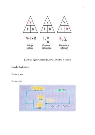 4
2. (Dibuja algunos modelos) 1. serie 2. Paralelo 3. Mixtos:
Modelos de circuitos:
Circuito en serie
Circuito mixto
 