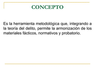 CONCEPTO

Es la herramienta metodológica que, integrando a
la teoría del delito, permite la armonización de los
materiales fácticos, normativos y probatorio.
 