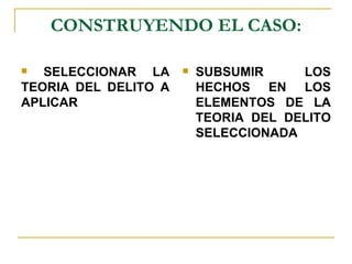 CONSTRUYENDO EL CASO:

  SELECCIONAR LA        SUBSUMIR     LOS
TEORIA DEL DELITO A       HECHOS EN LOS
APLICAR                   ELEMENTOS DE LA
                          TEORIA DEL DELITO
                          SELECCIONADA
 