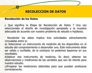 RECOLECCION DE DATOS

Recolección de los Datos

¿ Que significa la Etapa de Recolección de Datos ? Una vez
seleccionado el diseño de investigación apropiado y la muestra
adecuada de acuerdo con nuestro problema de estudio e hipótesis.

  Recolectar los datos implica tres actividades estrechamente
vinculadas entre si:
a) Seleccionar un instrumento de medición de los disponibles en el
estudio del comportamiento o desarrollar uno. Este instrumento debe
ser valido y confiable, de lo contrario no podemos basarnos en sus
resultados.
b)Aplicar ese instrumento de medicios, Es decir, obtener las
observaciones y mediciones de las variables que son de interés para
nuestro estudio.
c)Preparar las mediciones obtenidas para que puedan analizarse
correctamente.
 