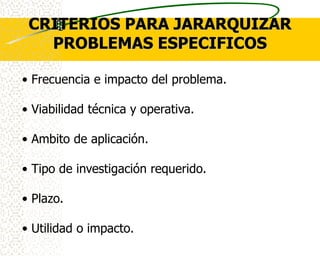 CRITERIOS PARA JARARQUIZAR
   PROBLEMAS ESPECIFICOS

• Frecuencia e impacto del problema.

• Viabilidad técnica y operativa.

• Ambito de aplicación.

• Tipo de investigación requerido.

• Plazo.

• Utilidad o impacto.
 
