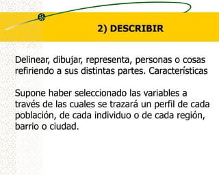 2) DESCRIBIR


Delinear, dibujar, representa, personas o cosas
refiriendo a sus distintas partes. Características

Supone haber seleccionado las variables a
través de las cuales se trazará un perfil de cada
población, de cada individuo o de cada región,
barrio o ciudad.
 