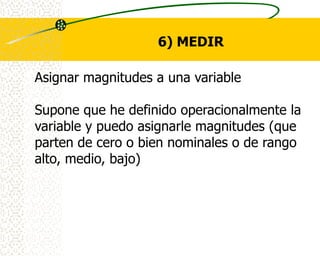 6) MEDIR

Asignar magnitudes a una variable

Supone que he definido operacionalmente la
variable y puedo asignarle magnitudes (que
parten de cero o bien nominales o de rango
alto, medio, bajo)
 