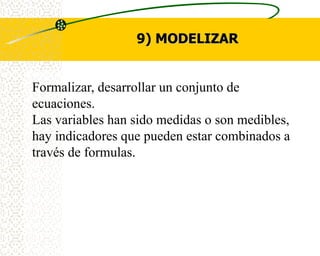 9) MODELIZAR


Formalizar, desarrollar un conjunto de
ecuaciones.
Las variables han sido medidas o son medibles,
hay indicadores que pueden estar combinados a
través de formulas.
 