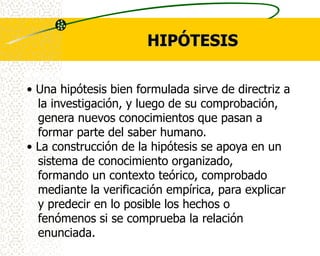 HIPÓTESIS

• Una hipótesis bien formulada sirve de directriz a
  la investigación, y luego de su comprobación,
  genera nuevos conocimientos que pasan a
  formar parte del saber humano.
• La construcción de la hipótesis se apoya en un
  sistema de conocimiento organizado,
  formando un contexto teórico, comprobado
  mediante la verificación empírica, para explicar
  y predecir en lo posible los hechos o
  fenómenos si se comprueba la relación
  enunciada.
 