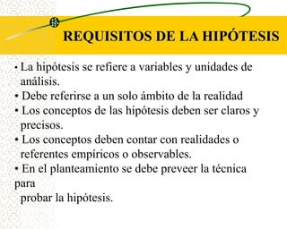 REQUISITOS DE LA HIPÓTESIS

• La hipótesis se refiere a variables y unidades de
  análisis.
• Debe referirse a un solo ámbito de la realidad
• Los conceptos de las hipótesis deben ser claros y
  precisos.
• Los conceptos deben contar con realidades o
  referentes empíricos o observables.
• En el planteamiento se debe preveer la técnica
para
  probar la hipótesis.
 