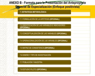 ANEXO B - Formato para la Presentación del Anteproyecto
   Especial de Especialización (Enfoque positivista)
       7. ESTRATEGIA METODOLÓGICA


       7.1 FORMULACIÓN DE LA HIPÓTESIS (OPCIONAL)


       7.2 IDENTIFICACIÓN DE LAS VARIABLES E INDICADORES
       (OPCIONAL)


       7.3 CONCEPTUALIZACIÓN DE LAS VARIABLES (OPCIONAL)


       7.4 OPERACIONALIZACIÓN DE LAS VARIABLES (OPCIONAL)


       7.5 MATRIZ DE CONSISTENCIA (OPCIONAL)


       7.6 DISEÑO Y TIPO DE INVESTIGACIÓN


       7.7 POBLACIÓN Y MUESTRA


       7.8 ESTUDIO PILOTO (OPCIONAL)
 