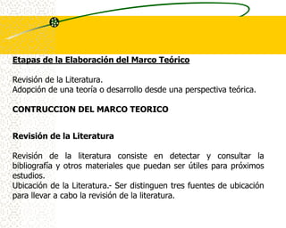 Etapas de la Elaboración del Marco Teórico

Revisión de la Literatura.
Adopción de una teoría o desarrollo desde una perspectiva teórica.

CONTRUCCION DEL MARCO TEORICO


Revisión de la Literatura

Revisión de la literatura consiste en detectar y consultar la
bibliografía y otros materiales que puedan ser útiles para próximos
estudios.
Ubicación de la Literatura.- Ser distinguen tres fuentes de ubicación
para llevar a cabo la revisión de la literatura.
 