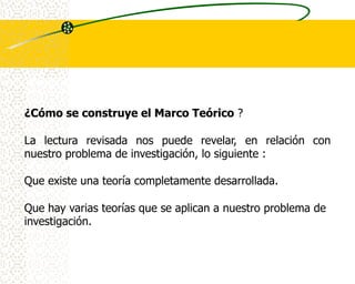 ¿Cómo se construye el Marco Teórico ?

La lectura revisada nos puede revelar, en relación con
nuestro problema de investigación, lo siguiente :

Que existe una teoría completamente desarrollada.

Que hay varias teorías que se aplican a nuestro problema de
investigación.
 