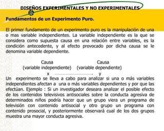 DISEÑOS EXPERIMENTALES Y NO EXPERIMENTALES

Fundamentos de un Experimento Puro.

El primer fundamento de un experimento puro es la manipulación de una
o mas variable independientes. La variable independiente es la que se
considera como supuesta causa en una relación entre variables, es la
condición antecedente, y al efecto provocado por dicha causa se le
denomina variable dependiente.

                   Causa                     Causa
         (variable independiente) (variable dependiente)
                      x                       y
Un experimento se lleva a cabo para analizar si una o más variables
independientes afectan a una o más variables dependientes y por que las
efectúan. Ejemplo : Si un investigador deseara analizar el posible efecto
de los contenidos televisivos antisociales sobre la conducta agresiva de
determinados niños podría hacer que un grupo viera un programa de
televisión con contenido antisocial y otro grupo un programa con
contenido prosocial, y posteriormente observará cual de los dos grupos
muestra una mayor conducta agresiva.
 