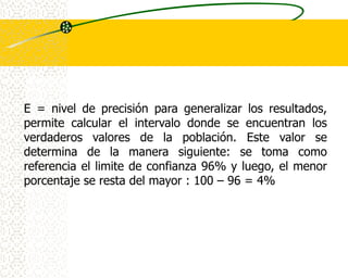 E = nivel de precisión para generalizar los resultados,
permite calcular el intervalo donde se encuentran los
verdaderos valores de la población. Este valor se
determina de la manera siguiente: se toma como
referencia el limite de confianza 96% y luego, el menor
porcentaje se resta del mayor : 100 – 96 = 4%
 
