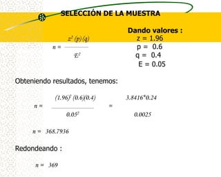 SELECCIÓN DE LA MUESTRA

                                     Dando valores :
                 z 2   (p) (q)         z = 1.96
           n=                          p = 0.6
                       E 2             q = 0.4
                                        E = 0.05

Obteniendo resultados, tenemos:

            (1.96)2 (0.6)(0.4)       3.8416*0.24
     n=                          =
                 0.052                 0.0025

     n = 368.7936

Redondeando :

     n = 369
 