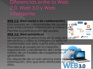  WEB 2.0: (Red social o de colaboración)
 Está basada en comunidades de usuarios y sirve
para intercambiar información e interactuar.
 Permite la participación del usuario.
 WEB 3.0: (Red semántica)
 Se transforma la estructura de la web actual en
semántica y utiliza la inteligencia artificial
combinada con esta nueva estructura.
 Prevalece el usuario en la creación,
organización y rendimiento del contenido, por
medio de un modelo de cooperación
globalizada.
 No depende de un solo servicio para obtener la
información, sino que esta distribuida en varios
sitios.
 
