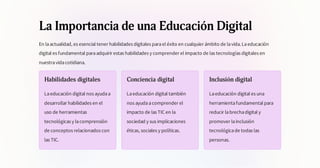 La Importancia de una Educación Digital
En laactualidad, es esencial tener habilidades digitales parael éxito en cualquier ámbito de lavida.Laeducación
digital es fundamental paraadquirir estas habilidades y comprender el impacto de las tecnologías digitales en
nuestravidacotidiana.
Habilidades digitales
Laeducación digital nos ayudaa
desarrollar habilidades en el
uso de herramientas
tecnológicas y lacomprensión
de conceptos relacionados con
las TIC.
Conciencia digital
Laeducación digital también
nos ayudaacomprender el
impacto de las TIC en la
sociedad y sus implicaciones
éticas, sociales y políticas.
Inclusión digital
Laeducación digital es una
herramientafundamental para
reducir labrechadigital y
promover lainclusión
tecnológicade todas las
personas.
 