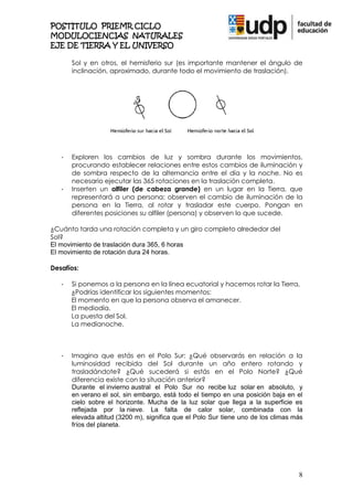 POSTITULO PRIEMR CICLO
MODULOCIENCIAS NATURALES
EJE DE TIERRA Y EL UNIVERSO

       Sol y en otros, el hemisferio sur (es importante mantener el ángulo de
       inclinación, aproximado, durante todo el movimiento de traslación).




   -   Exploren los cambios de luz y sombra durante los movimientos,
       procurando establecer relaciones entre estos cambios de iluminación y
       de sombra respecto de la alternancia entre el día y la noche. No es
       necesario ejecutar las 365 rotaciones en la traslación completa.
   -   Inserten un alfiler (de cabeza grande) en un lugar en la Tierra, que
       representará a una persona; observen el cambio de iluminación de la
       persona en la Tierra, al rotar y trasladar este cuerpo. Pongan en
       diferentes posiciones su alfiler (persona) y observen lo que sucede.

¿Cuánto tarda una rotación completa y un giro completo alrededor del
Sol?
El movimiento de traslación dura 365, 6 horas
El movimiento de rotación dura 24 horas.

Desafíos:

   -   Si ponemos a la persona en la línea ecuatorial y hacemos rotar la Tierra,
       ¿Podrías identificar los siguientes momentos:
       El momento en que la persona observa el amanecer.
       El mediodía.
       La puesta del Sol.
       La medianoche.



   -   Imagina que estás en el Polo Sur: ¿Qué observarás en relación a la
       luminosidad recibida del Sol durante un año entero rotando y
       trasladándote? ¿Qué sucederá si estás en el Polo Norte? ¿Qué
       diferencia existe con la situación anterior?
       Durante el invierno austral el Polo Sur no recibe luz solar en absoluto, y
       en verano el sol, sin embargo, está todo el tiempo en una posición baja en el
       cielo sobre el horizonte. Mucha de la luz solar que llega a la superficie es
       reflejada por la nieve. La falta de calor solar, combinada con la
       elevada altitud (3200 m), significa que el Polo Sur tiene uno de los climas más
       fríos del planeta.




                                                                                    8
 