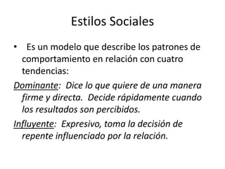 Estilos Sociales
• Es un modelo que describe los patrones de
comportamiento en relación con cuatro
tendencias:
Dominante: Dice lo que quiere de una manera
firme y directa. Decide rápidamente cuando
los resultados son percibidos.
Influyente: Expresivo, toma la decisión de
repente influenciado por la relación.
 