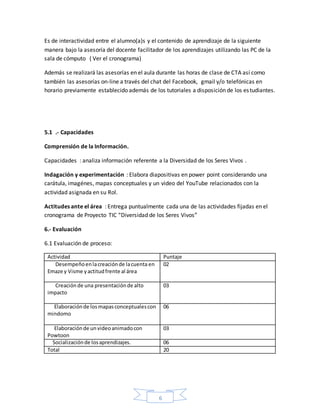 6
Es de interactividad entre el alumno(a)s y el contenido de aprendizaje de la siguiente
manera bajo la asesoría del docente facilitador de los aprendizajes utilizando las PC de la
sala de cómputo ( Ver el cronograma)
Además se realizará las asesorías en el aula durante las horas de clase de CTA así como
también las asesorías on-line a través del chat del Facebook, gmail y/o telefónicas en
horario previamente establecido además de los tutoriales a disposición de los estudiantes.
5.1 .- Capacidades
Comprensión de la Información.
Capacidades : analiza información referente a la Diversidad de los Seres Vivos .
Indagación y experimentación : Elabora diapositivas en power point considerando una
carátula, imagénes, mapas conceptuales y un video del YouTube relacionados con la
actividad asignada en su Rol.
Actitudes ante el área : Entrega puntualmente cada una de las actividades fijadas en el
cronograma de Proyecto TIC “Diversidad de los Seres Vivos”
6.- Evaluación
6.1 Evaluación de proceso:
Actividad Puntaje
Desempeñoenlacreaciónde lacuenta en
Emaze y Visme yactitudfrente al área
02
Creaciónde una presentaciónde alto
impacto
03
Elaboraciónde losmapasconceptualescon
mindomo
06
Elaboraciónde unvideoanimadocon
Powtoon
03
Socializaciónde losaprendizajes. 06
Total 20
 