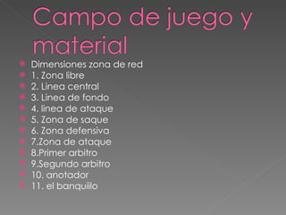 Dimensiones zona de red 1. Zona libre 2. Linea central 3. Linea de fondo 4. linea de ataque 5.  Zona de saque 6. Zona defensiva 7.Zona de ataque 8.Primer arbitro 9.Segundo arbitro 10. anotador 11. el banquiilo 