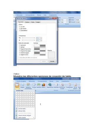 TABLA
Muestra las diferentes opciones de creación de tabla.
 