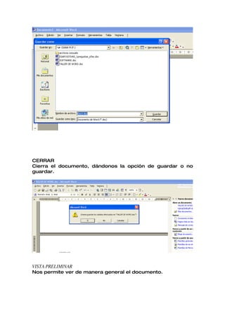 CERRAR
Cierra el documento, dándonos la opción de guardar o no
guardar.




VISTA PRELIMINAR
Nos permite ver de manera general el documento.
 