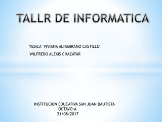 YESICA VIVIANA ALTAMIRANO CASTILLO
WILFREDO ALEXIS CHAZATAR
INSTITUCION EDUCATIVA SAN JUAN BAUTISTA
OCTAVO:A
21/08/2017
 